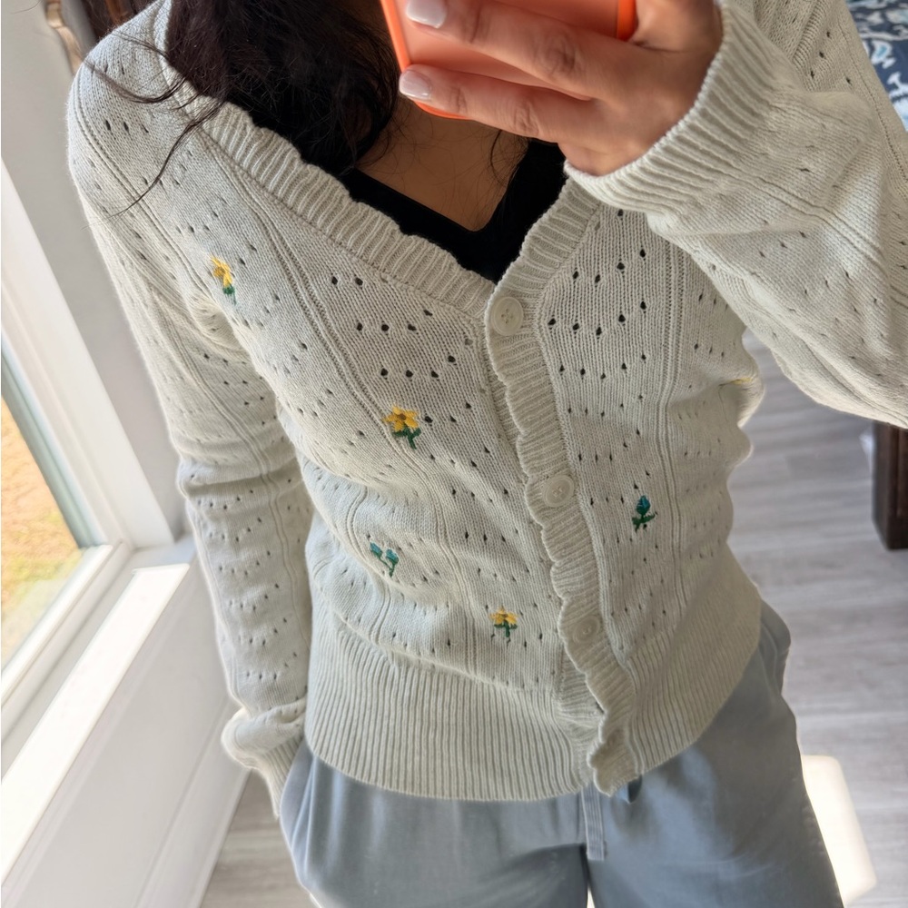 Cream V-Neck Eyelet Cardigan with Yellow Floral Embroidery
